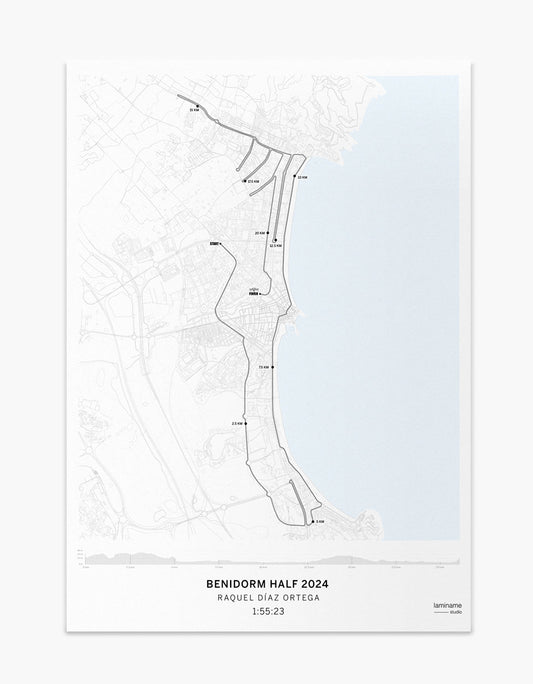 Mapa póster personalizado Benidorm Half recorrido y recuerdo para destacar como uno de tus retos deportivos, minmalista y de diseño