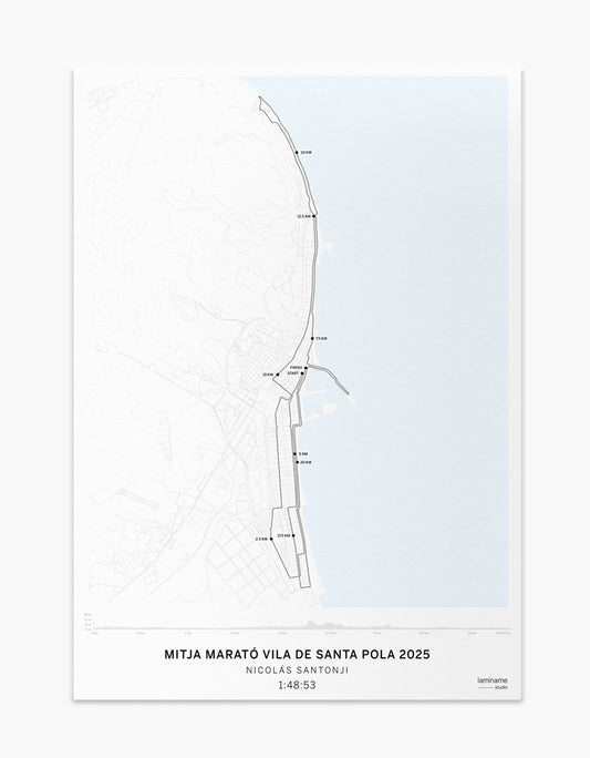 Póster decorativo conmemorativo de la Mitja Marató Internacional de Vila de Santa Pola. Personaliza tu nombre y tiempo con este mapa personalizado