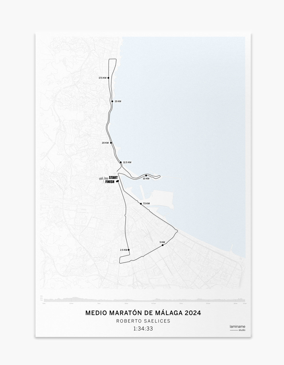 Mapa personalizado del Medio Maratón de Málaga con recorrido detallado y diseño exclusivo.