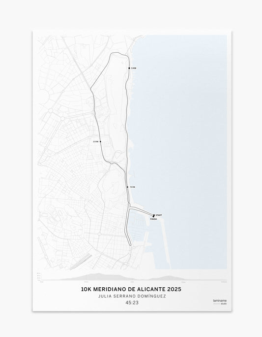 Póster personalizado laminame con la ruta certificada de la Meridiano 10K Aguas de Alicante