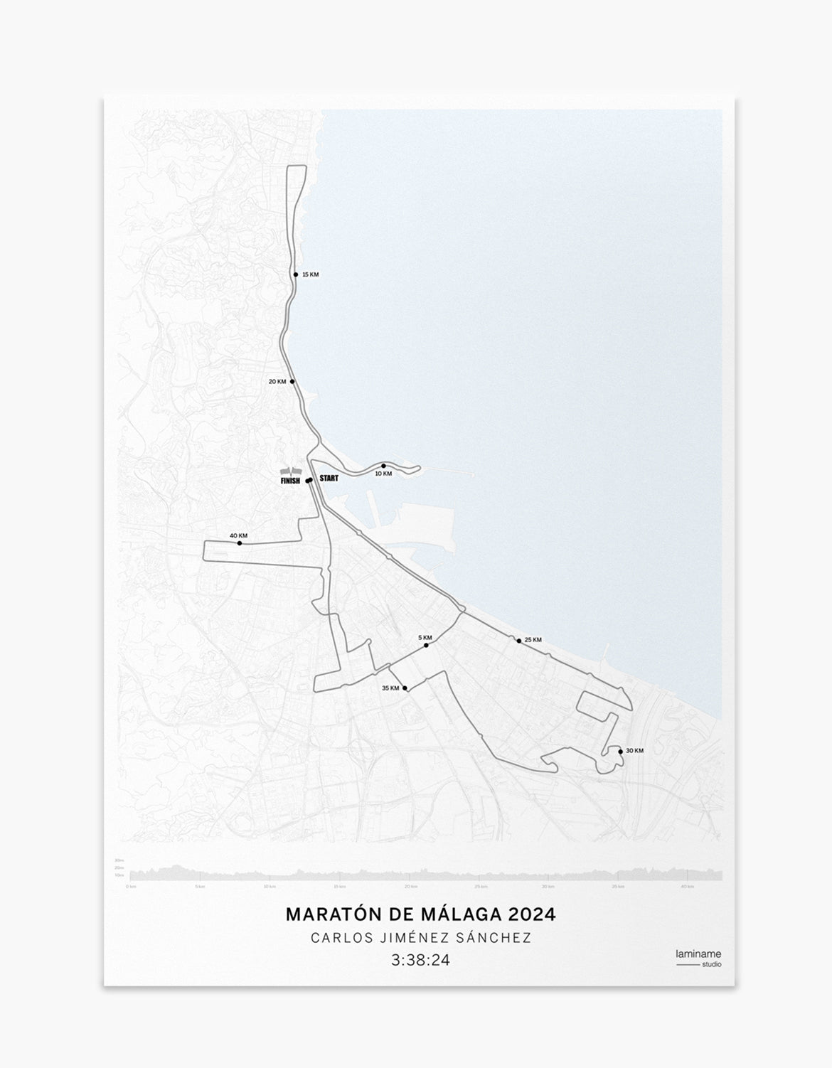 Mapa personalizado del Maratón de Málaga con recorrido detallado y diseño exclusivo