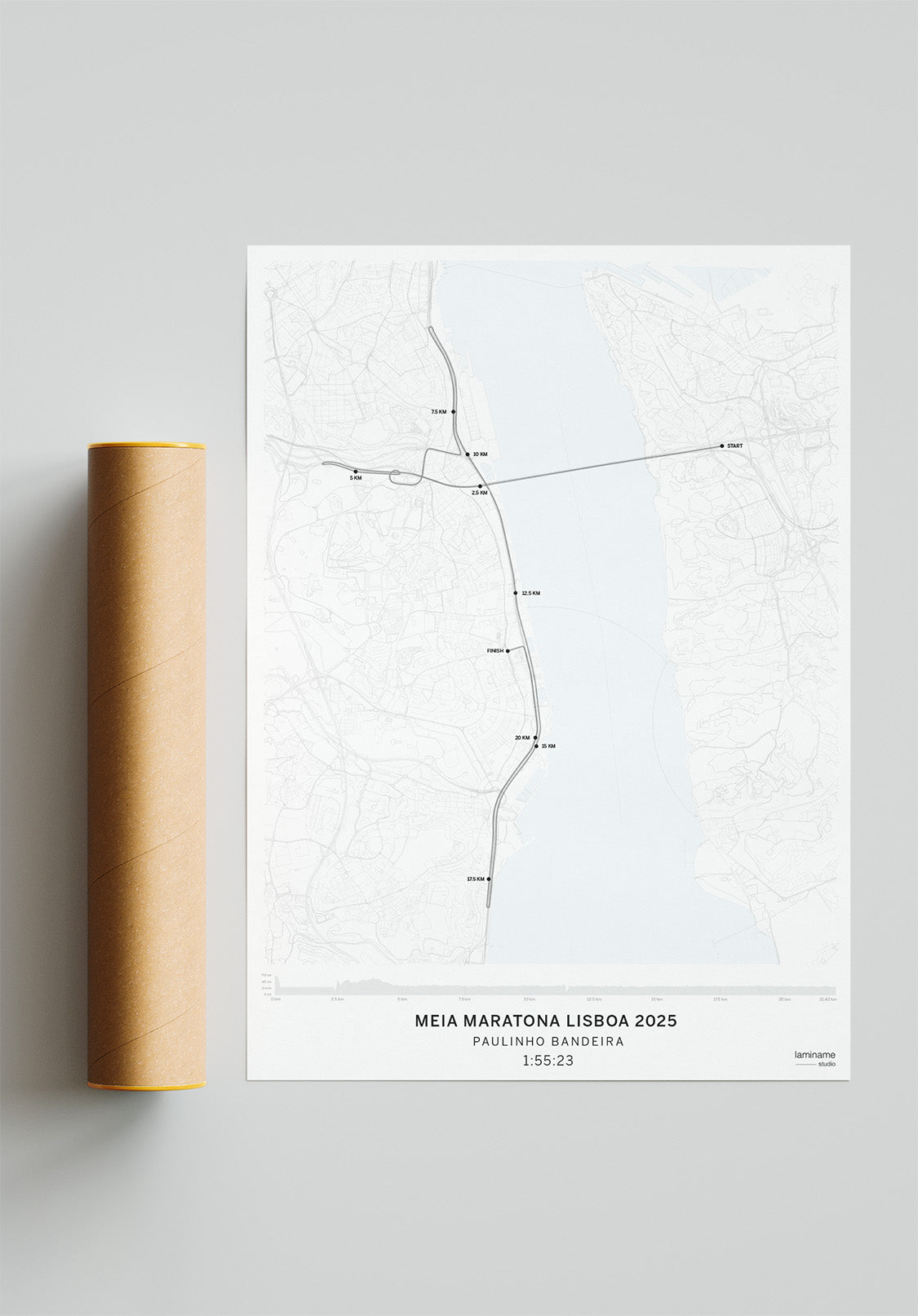 mapa laminame de la media maratón Lisboa, añade altimetría y tus datos como nombre y tiempo