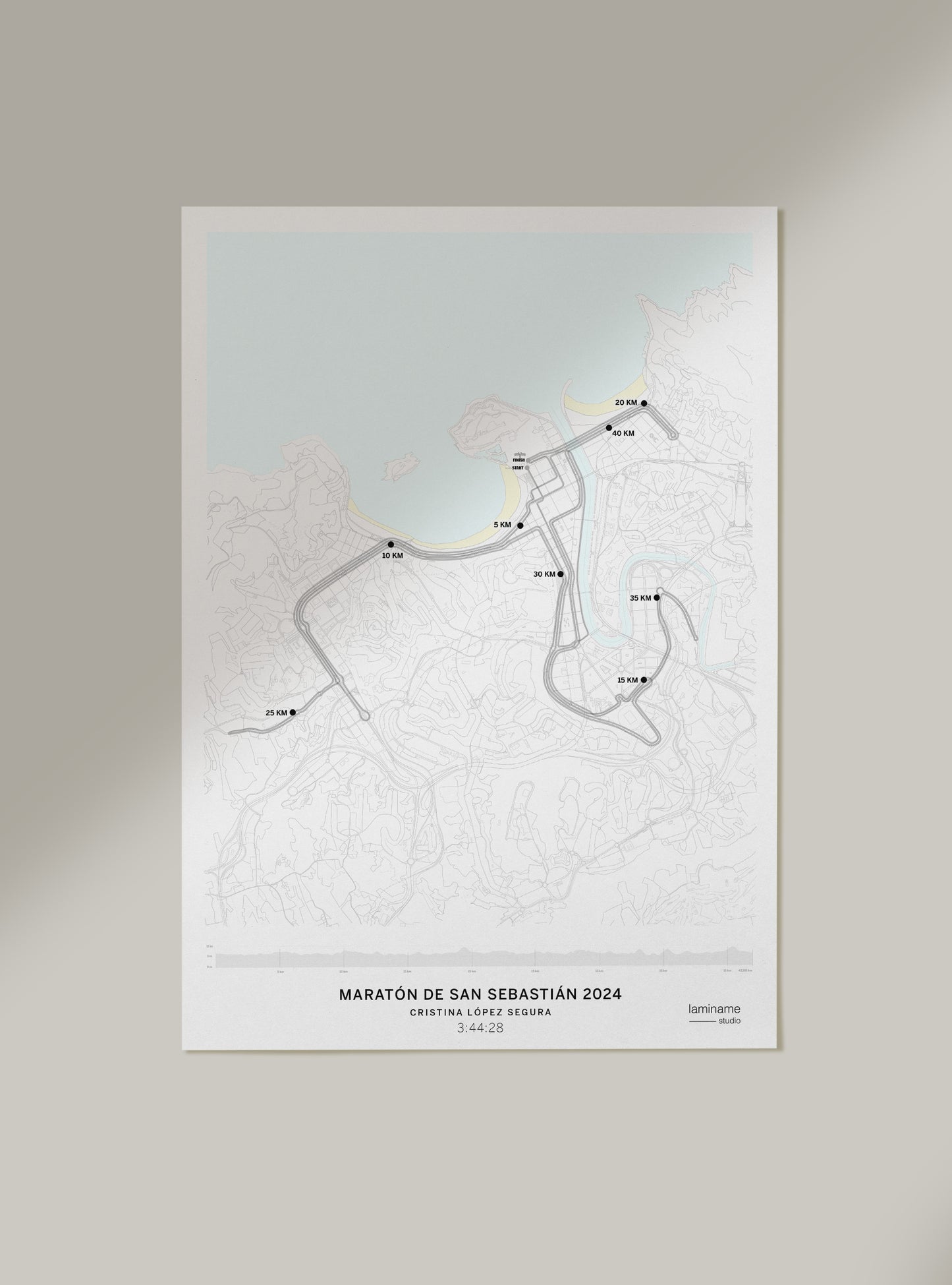 Mapa de la Maratón de San Sebastián Zurich con nombre y tiempo personalizado – Recuerdo único